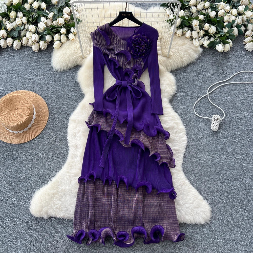 3D Ruffle High Waist Long Sleeve Dress