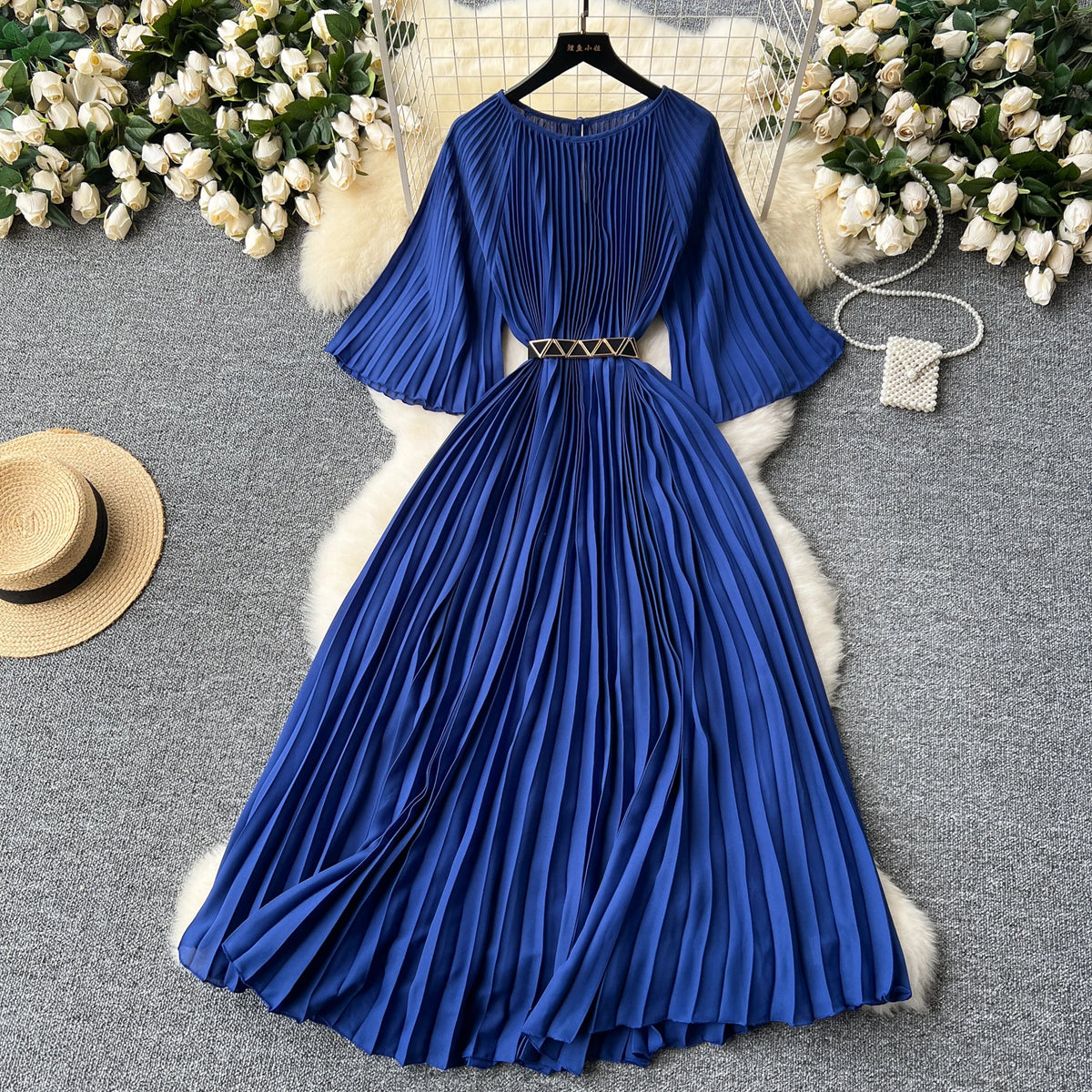 French Pleated Flare Sleeve Scoop Neck Dress