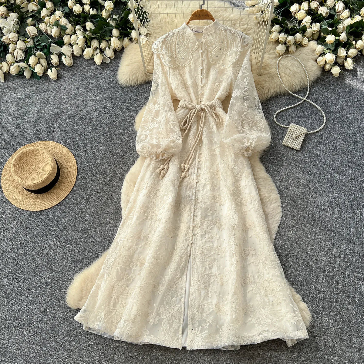 Stand Collar Puff Sleeve Maxi Swing Dress