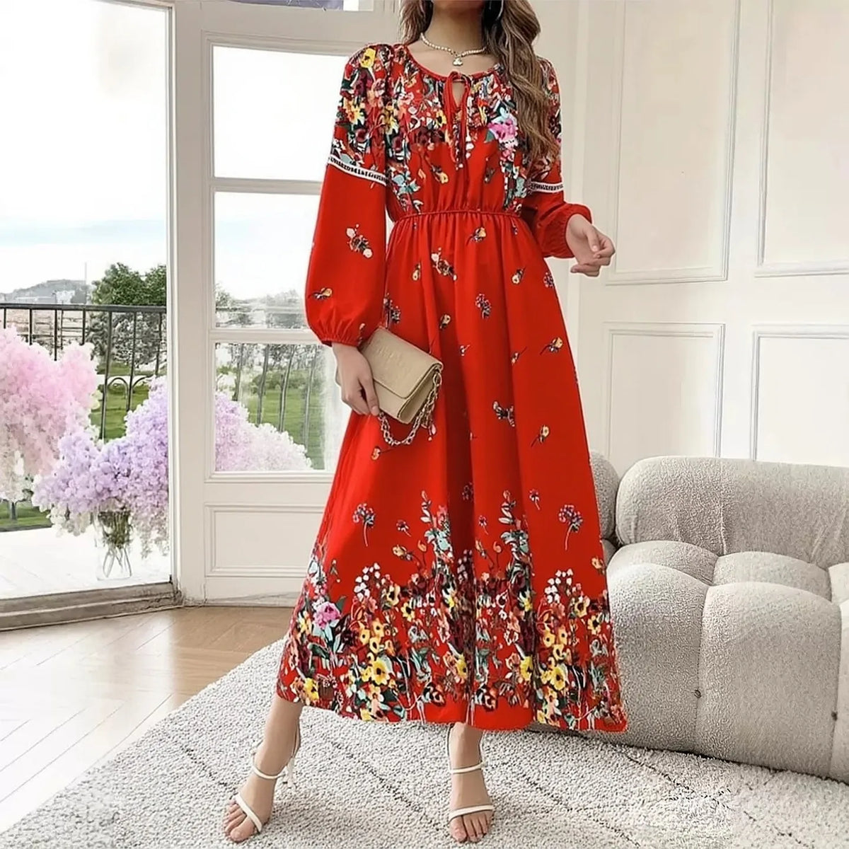 Floral Long Sleeve A-Line Maxi Dress