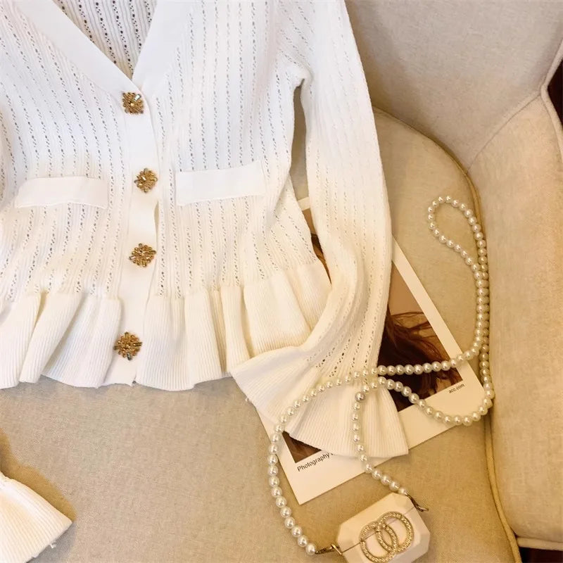 Rhinestone Ruffled V-Neck Cardigan