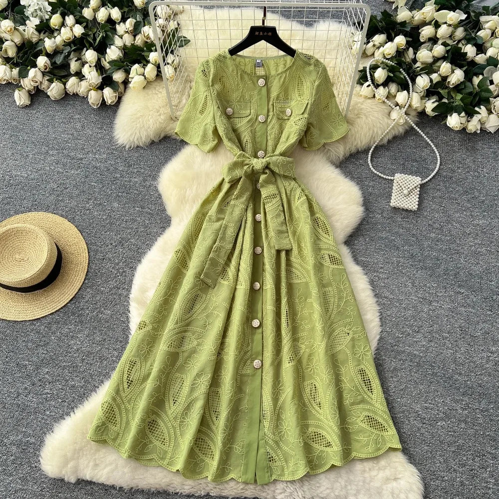 Single Breasted Lace-Up O-Neck Dress