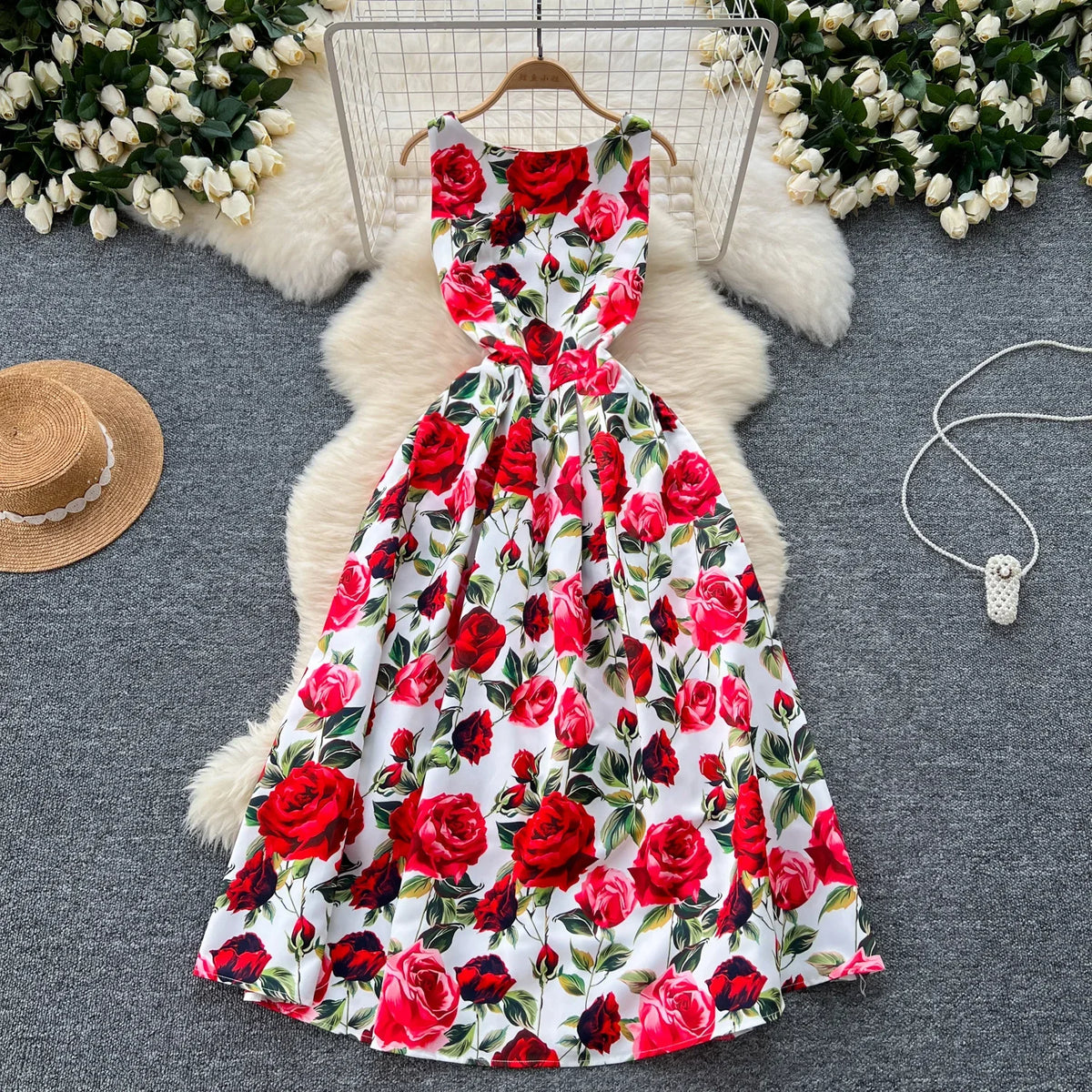 Print Pleated Sleeveless Ball Gown