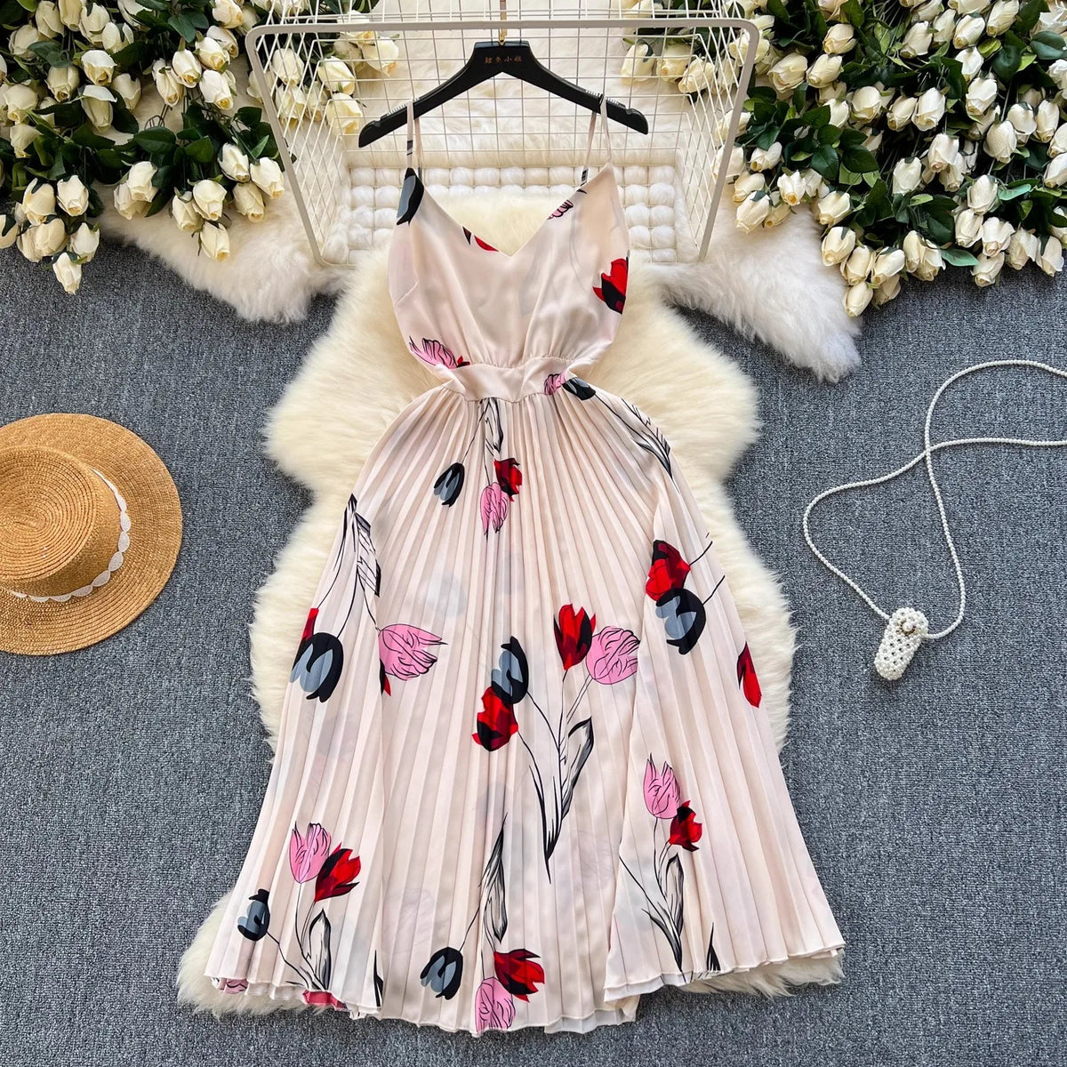 Floral Backless Pleated Maxi Dress