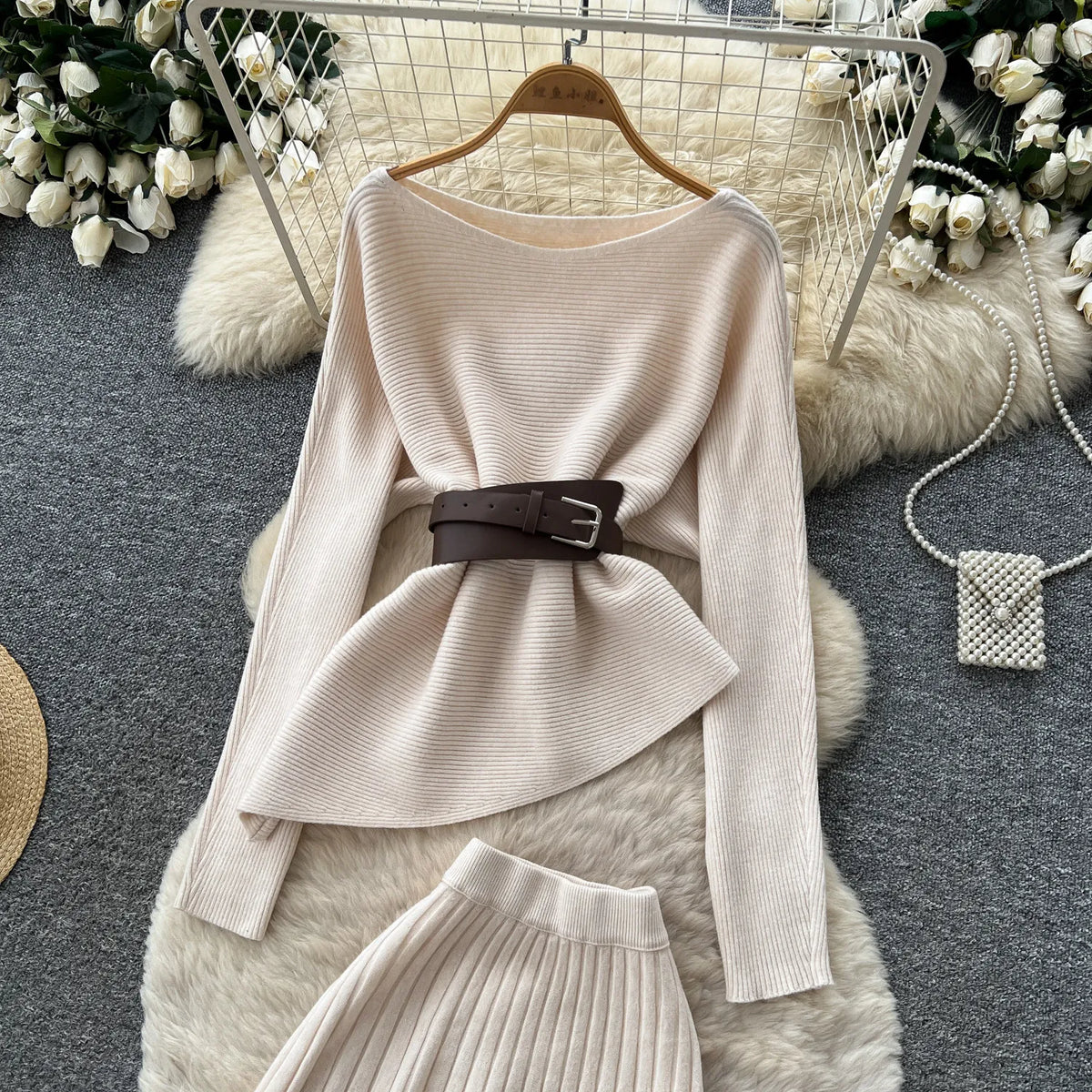 Belted Knit Pullover and Flared Skirt Set