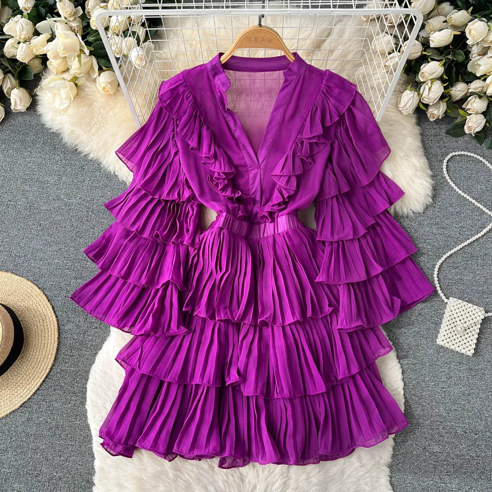 Vintage Ruffle Tiered Flare Sleeve Mini Dress