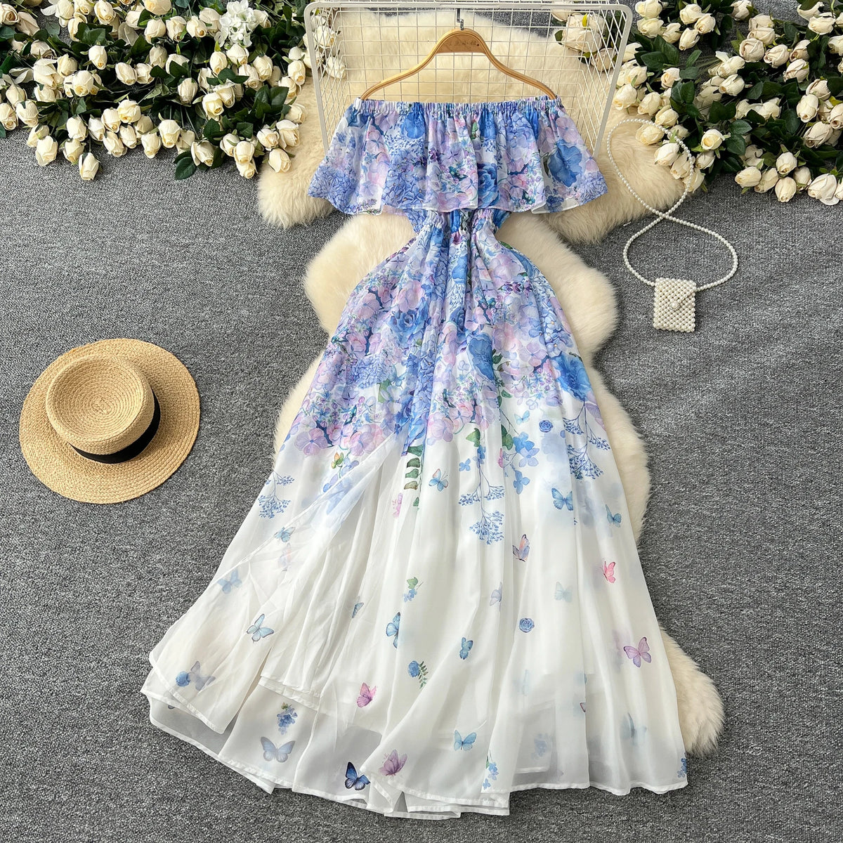 Ruffle Slash Neck Chiffon Print Long Dress