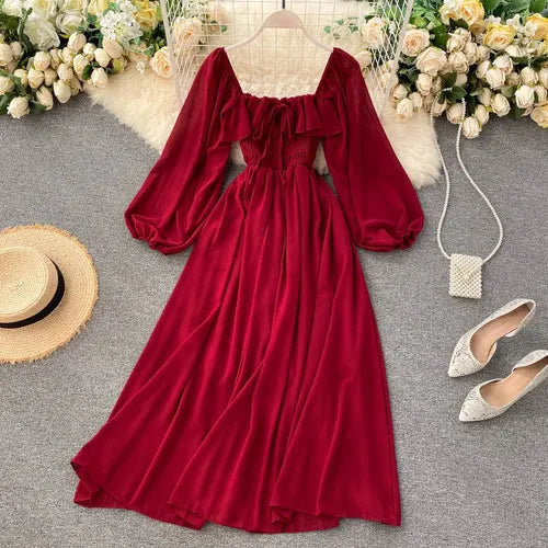Ruffle Chiffon Puff Sleeve A-Line Dress
