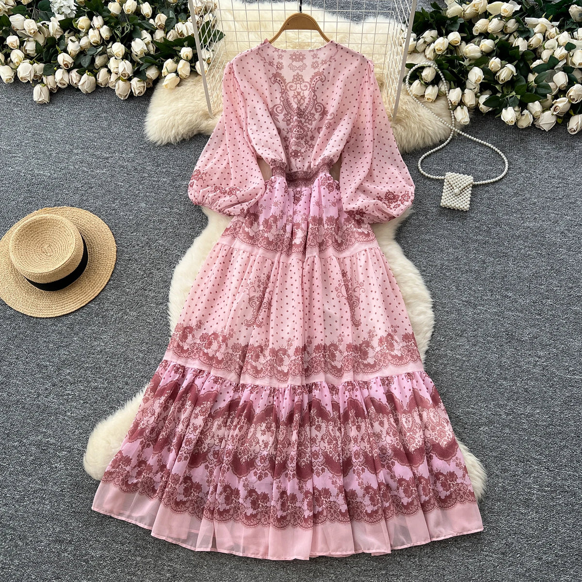 Slim Print V-Neck Long Sleeve Dress