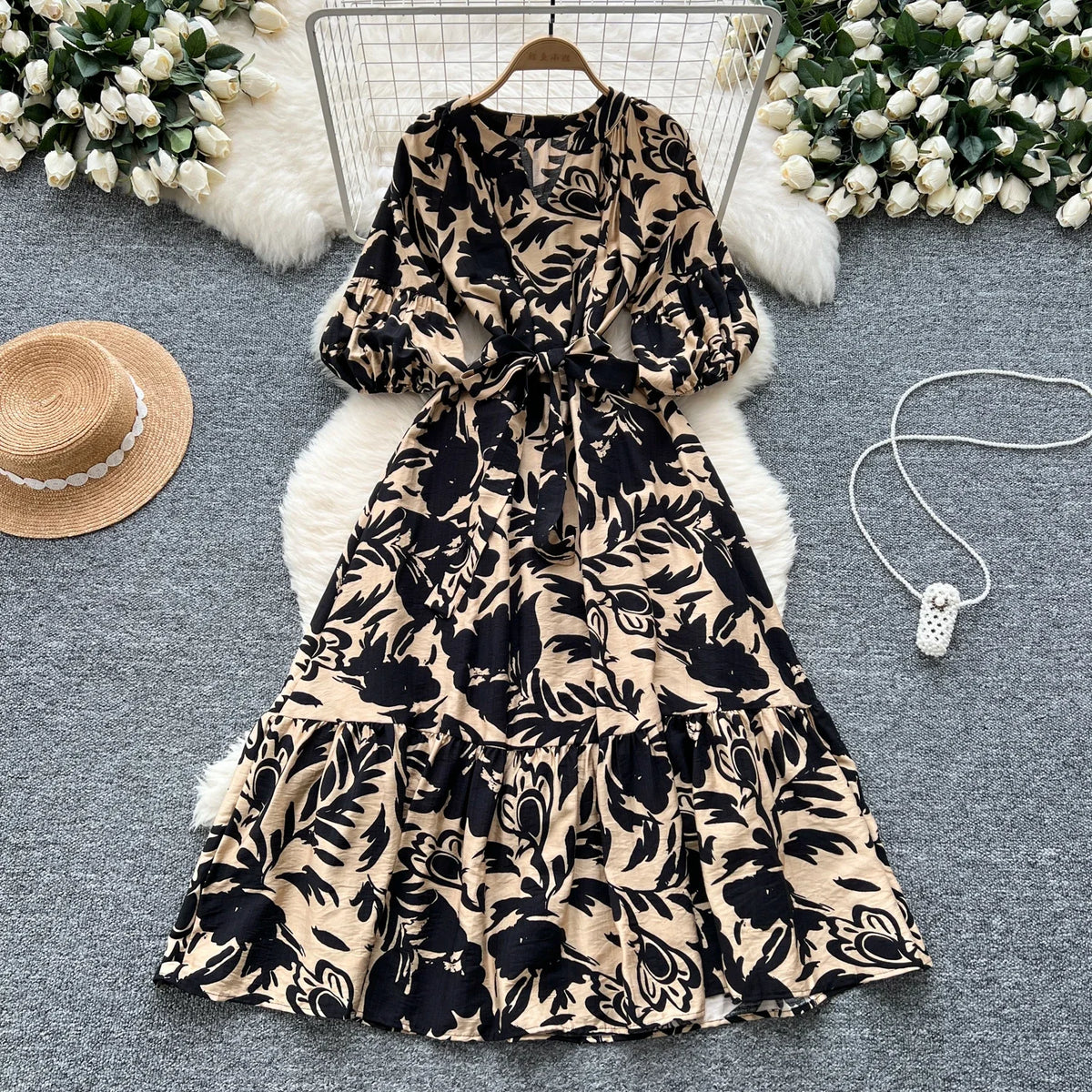 Print V-Neck Lantern Sleeve A-Line Maxi Dress