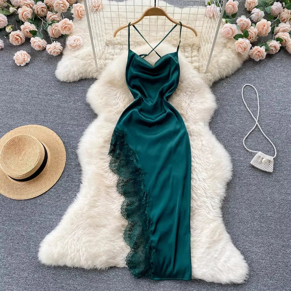 Satin Lace Asymmetric Slip Dress