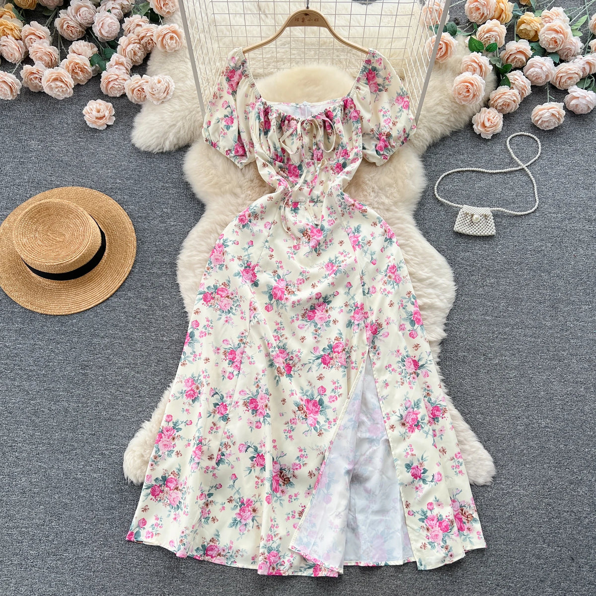 Print Square Neck Puff Sleeve Split Dress