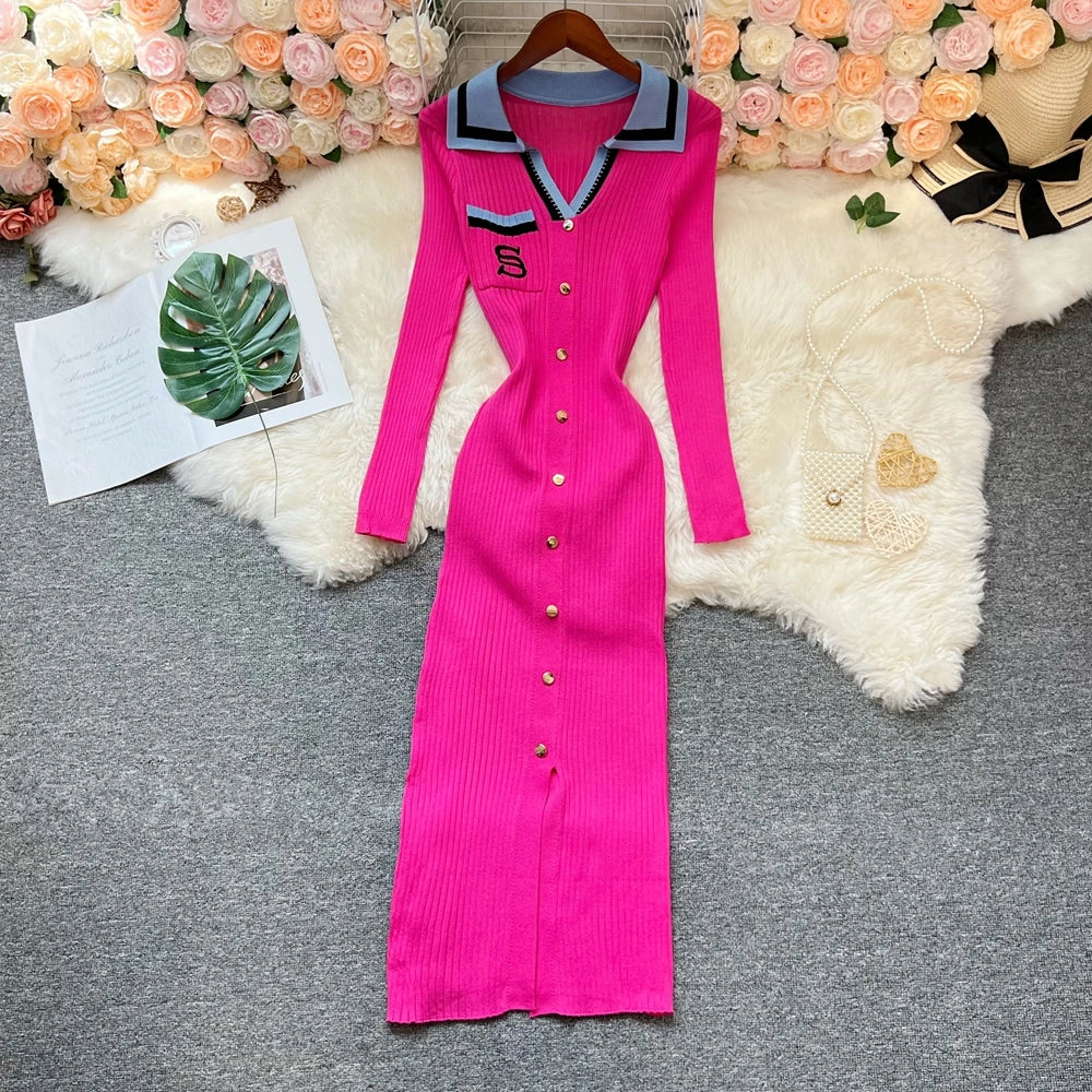Embroidered Long Sleeve Knit Bodycon Maxi Dress