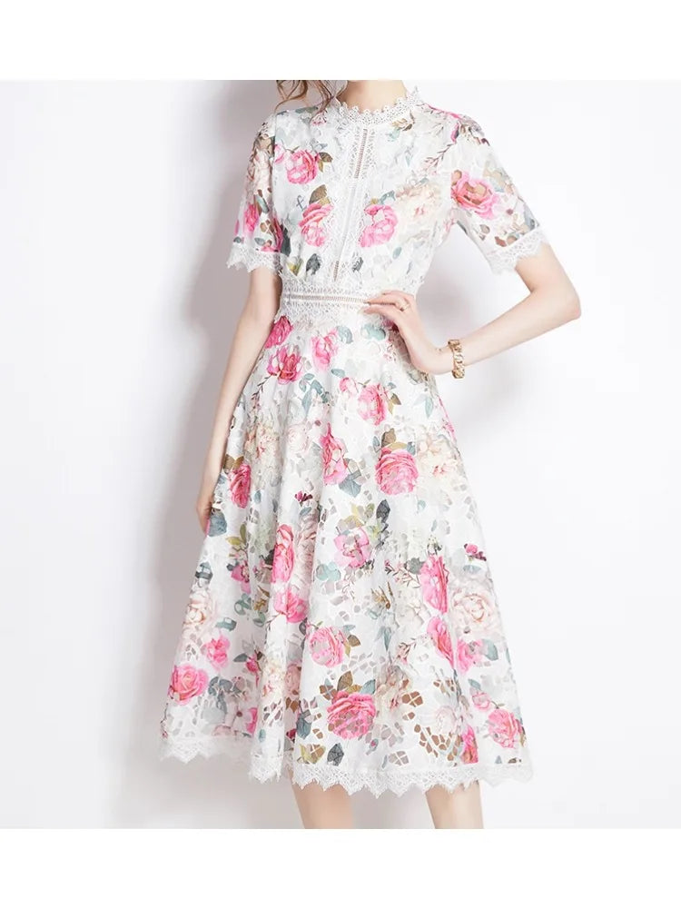 French Lace Patchwork Print Maxi Dress