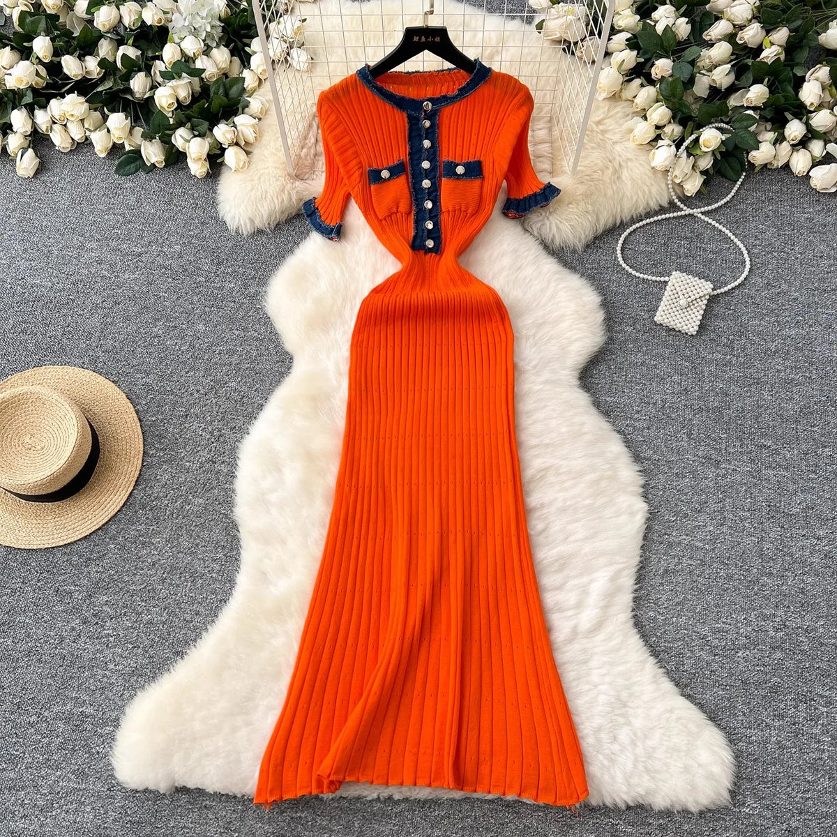 Denim Patchwork Knit Maxi Sweater Dress
