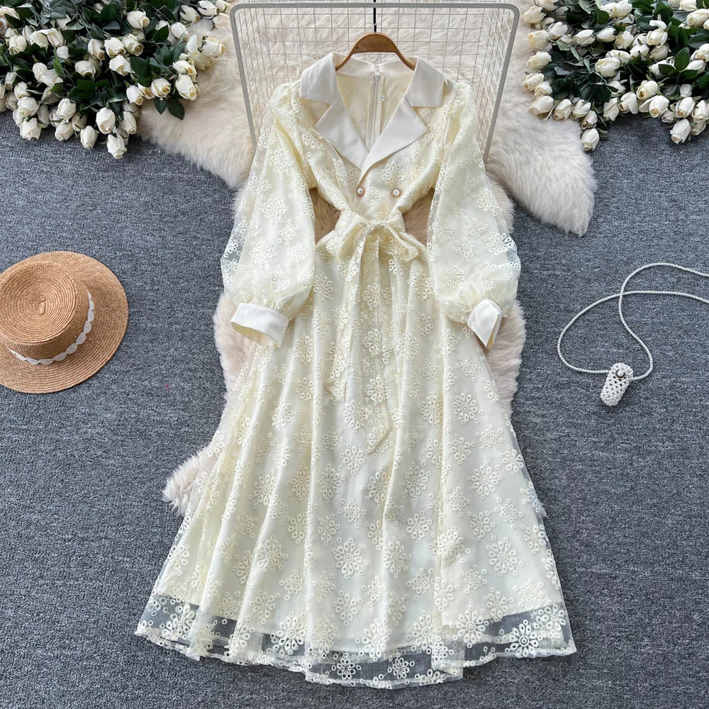 Embroidered Mesh Long Sleeve Dress