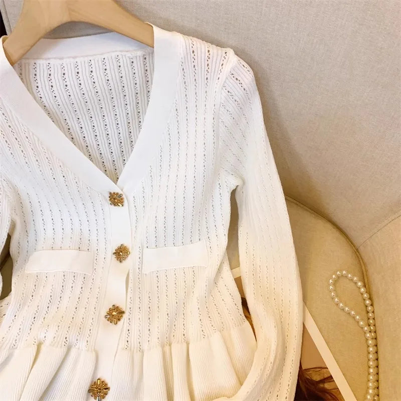 Rhinestone Ruffled V-Neck Knit Cardigan