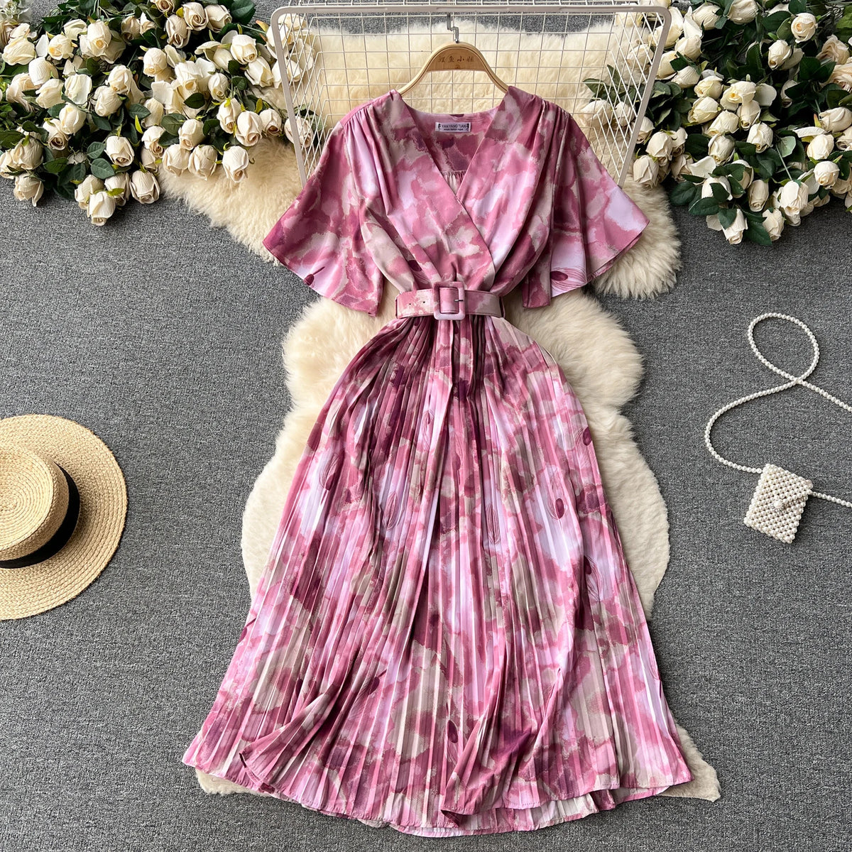 Tie Dye Chiffon V-Neck Dress