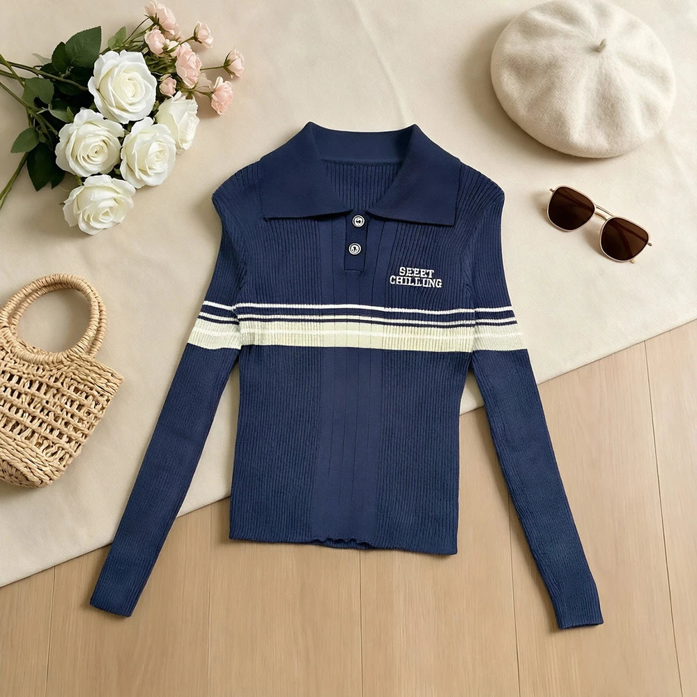 Striped Polo Collar Ribbed Knit Top