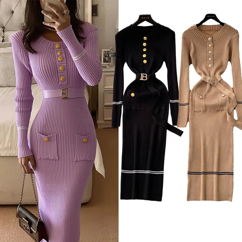 Ribbed Button Knit Maxi Dress
