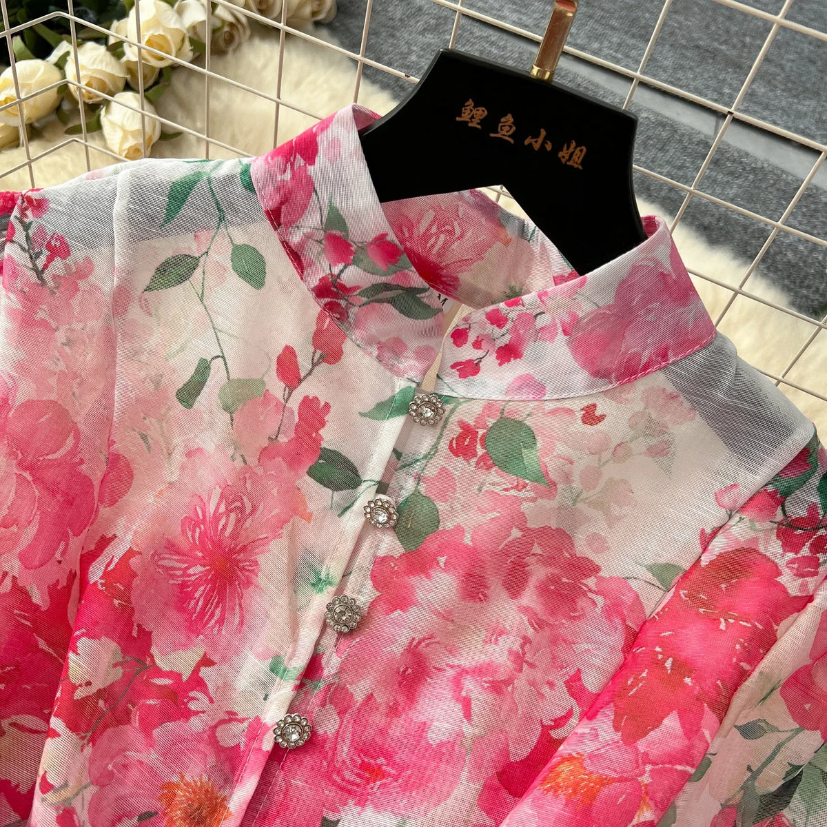 Stand Collar Print Bandage Button Dress