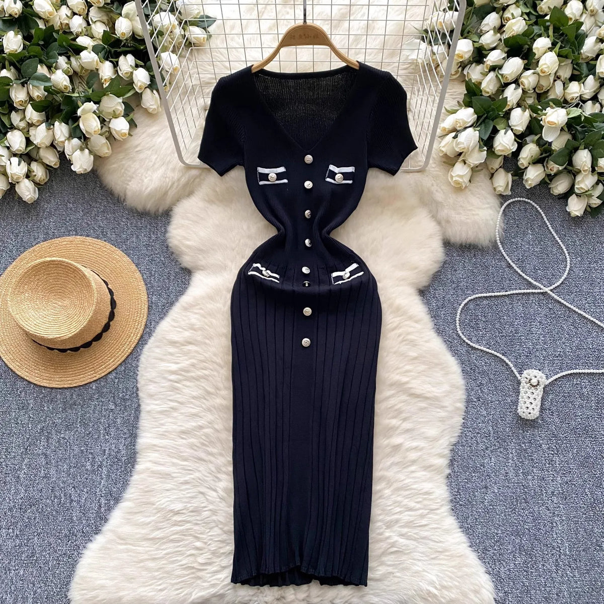 Stretch Knit V-Neck Button Bodycon Dress