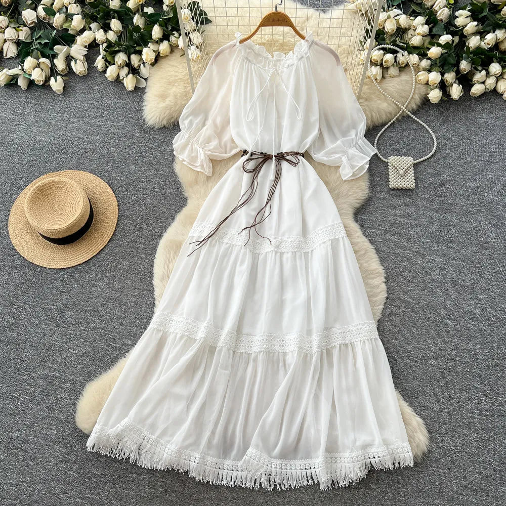 Pleated Ruched Lace-Up Short Sleeve Dress