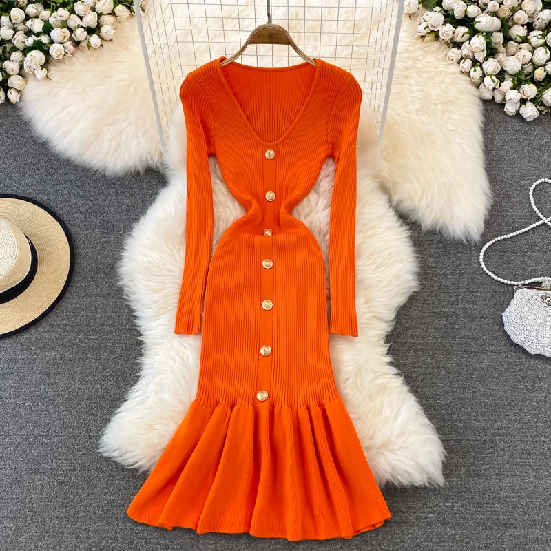 V-Neck Long Sleeve Knit Mermaid Dress