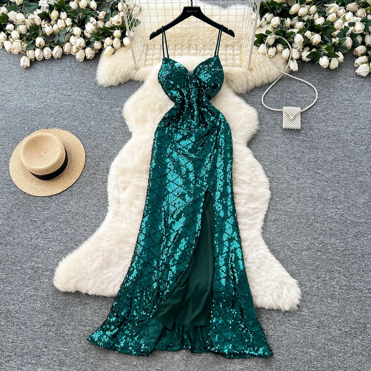 Glitter Backless Split Wrap Dress