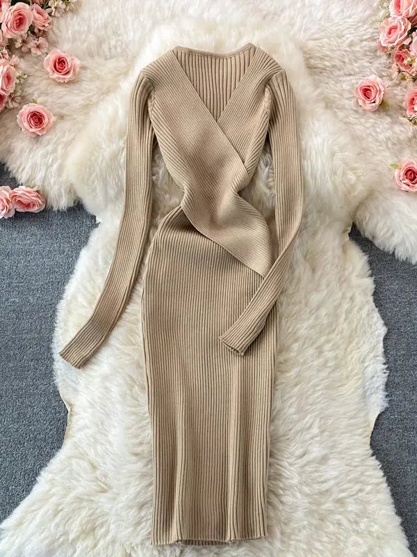 Cross V-Neck Knit Bodycon Dress