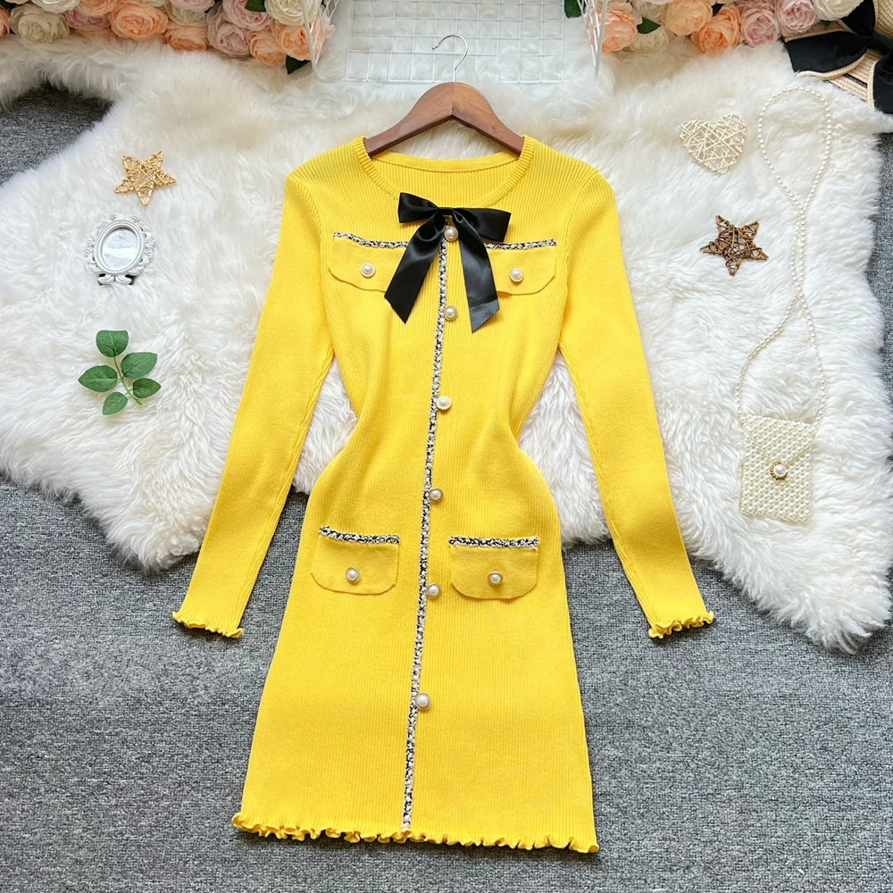 Bow Knit Bodycon Mini Sweater Dress