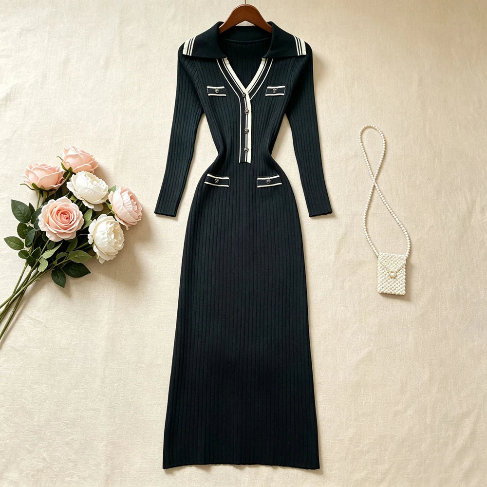 Collared Ribbed Knit Maxi Shirt Dress
