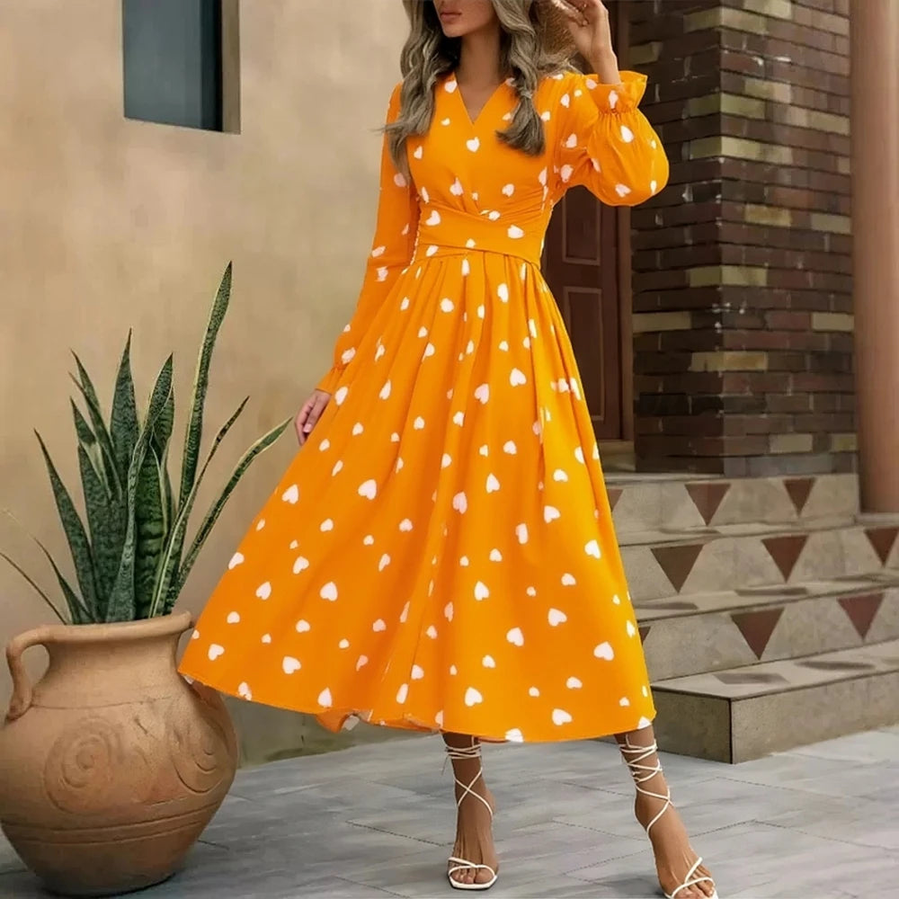 Heart Print Long Sleeve Maxi Dress