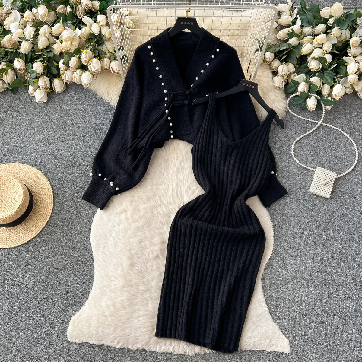 Long Sleeve Pencil Dress Two-Piece Set