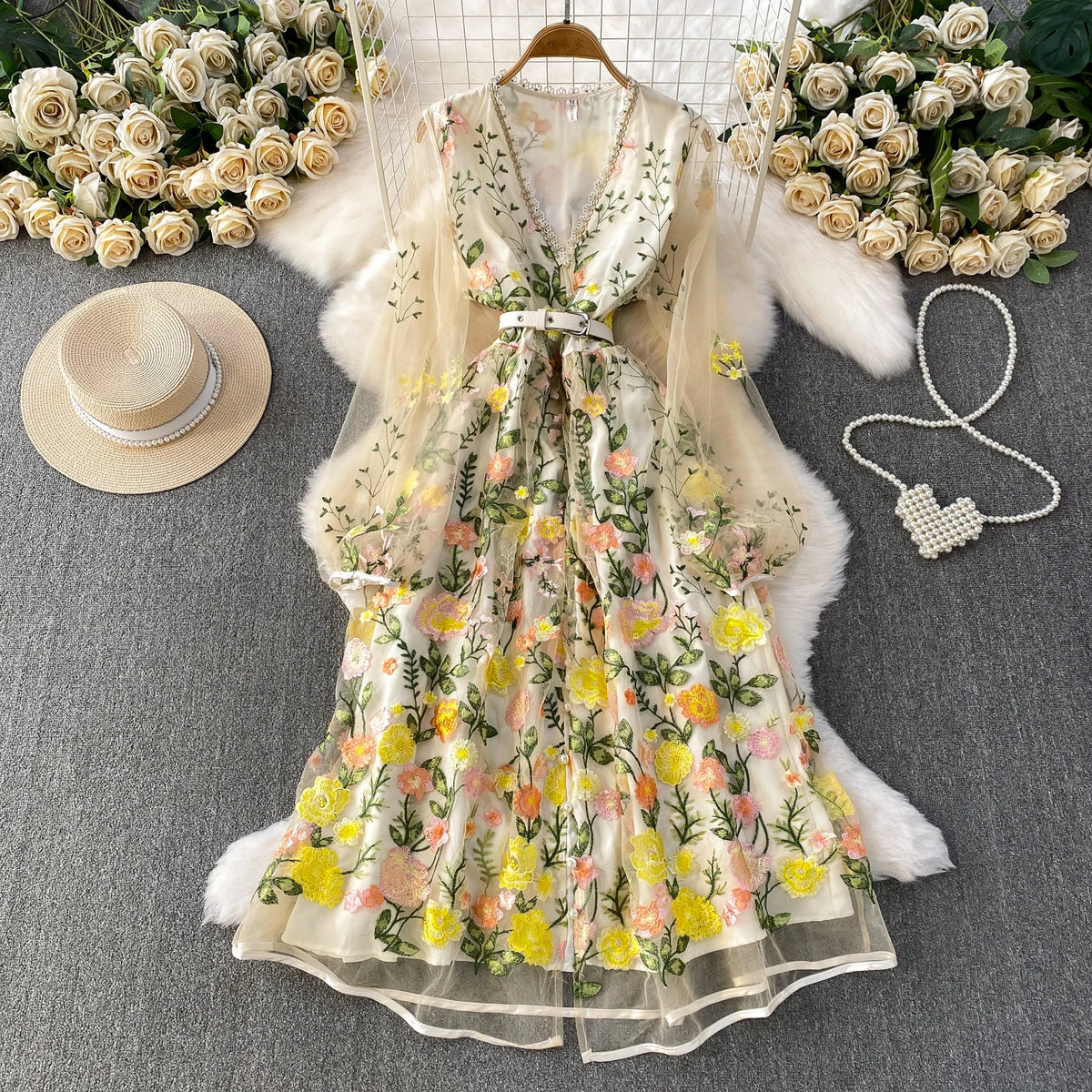 Embroidered Mesh Long Sleeve Evening Dress