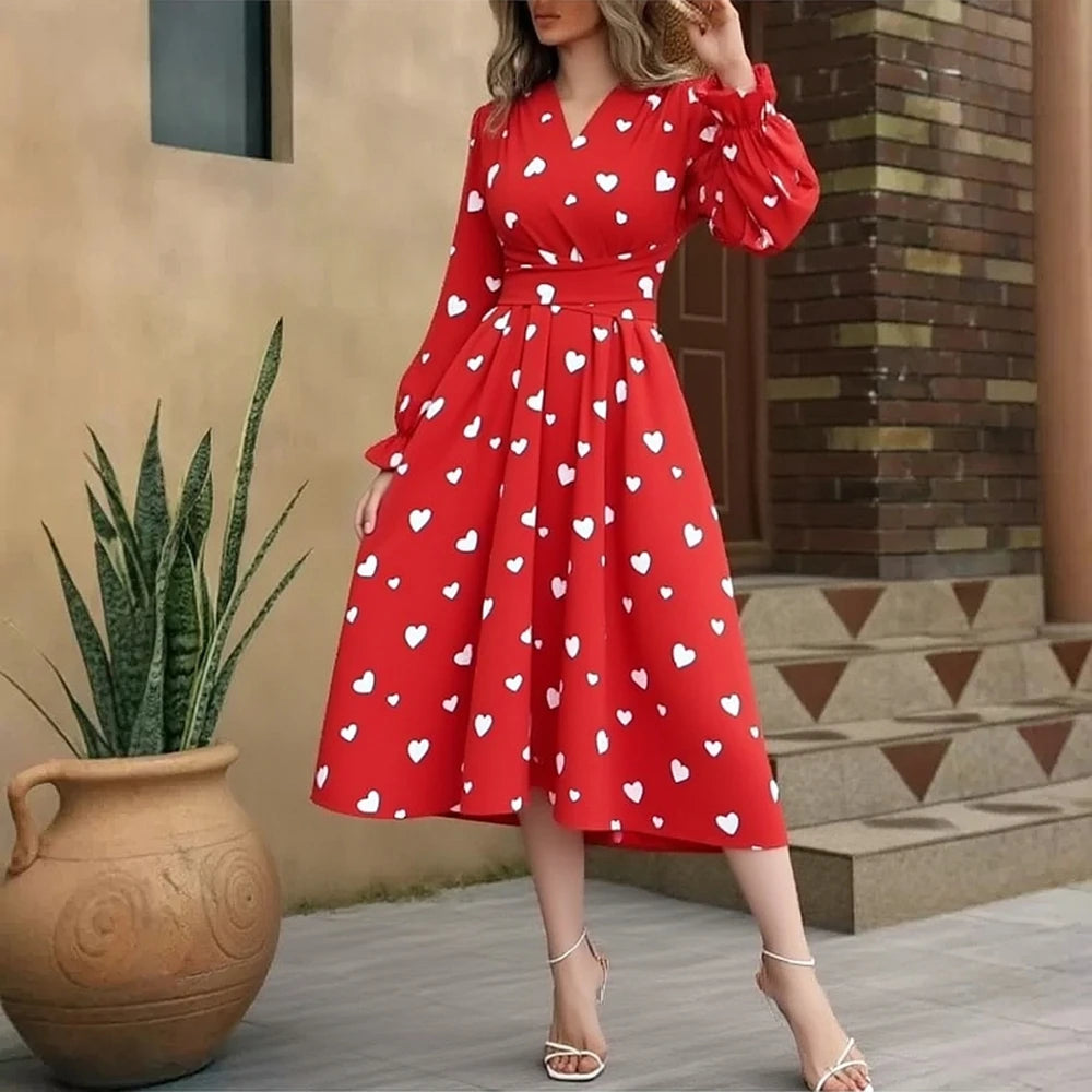 Heart Print Long Sleeve Maxi Dress