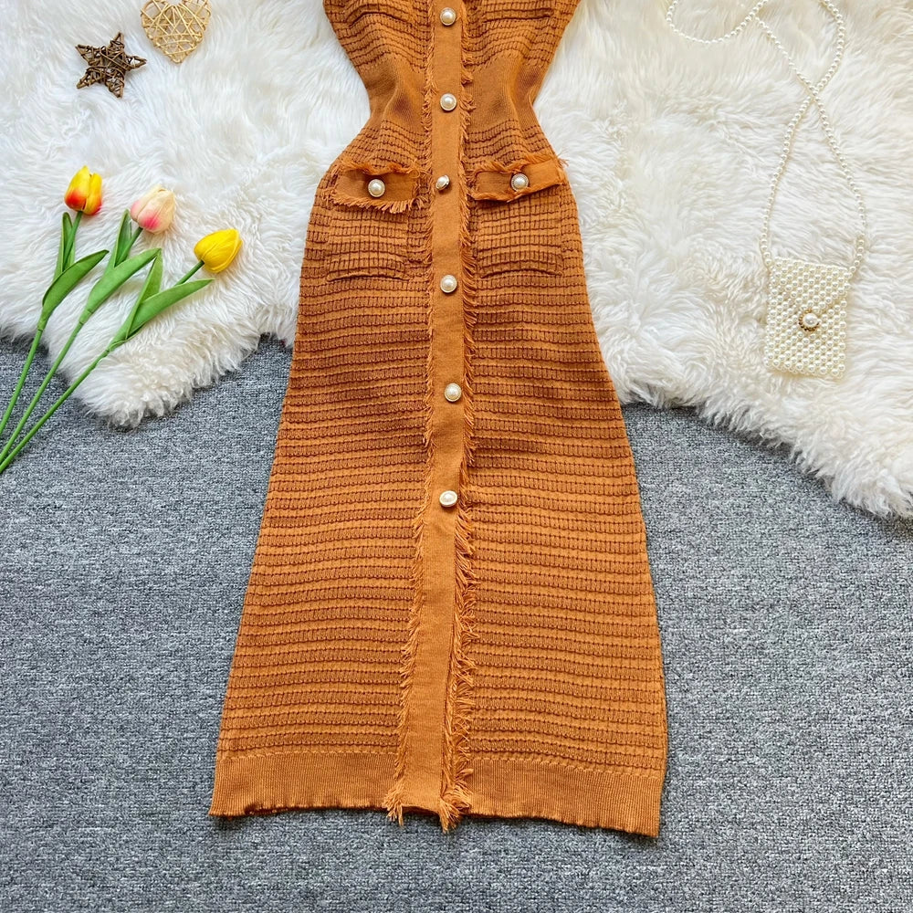 Pearl Button Knit Bodycon Dress
