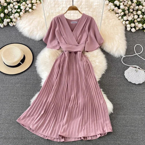 Pleated Lace-Up V-Neck A-Line Sundress