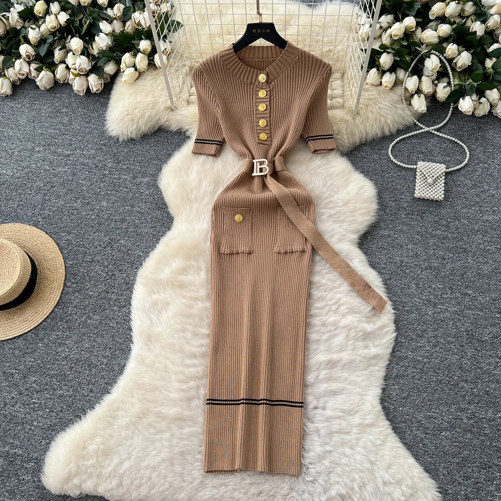 Belted Button Front Knit Maxi Dress
