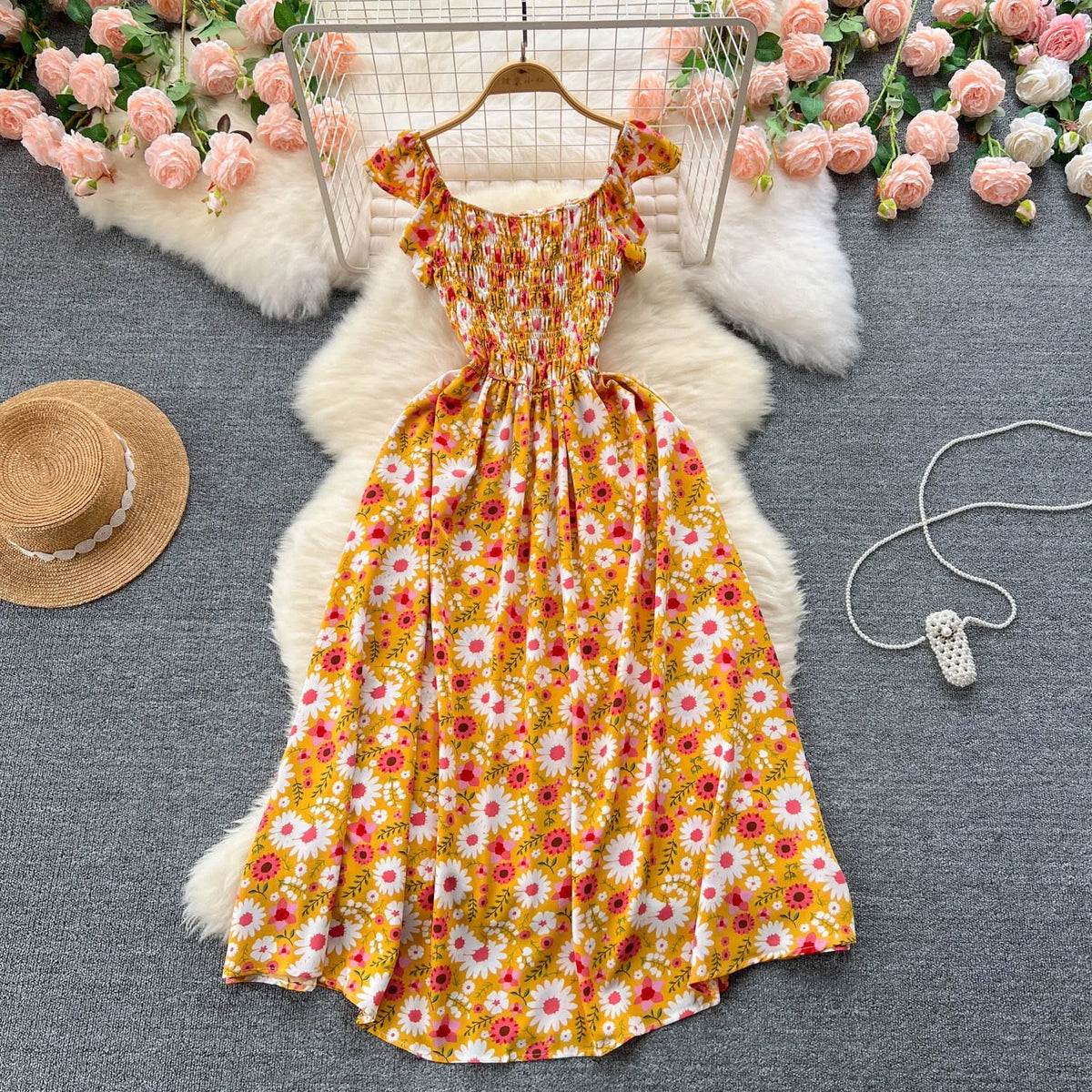 Floral Elastic Waist Swing Maxi Dress