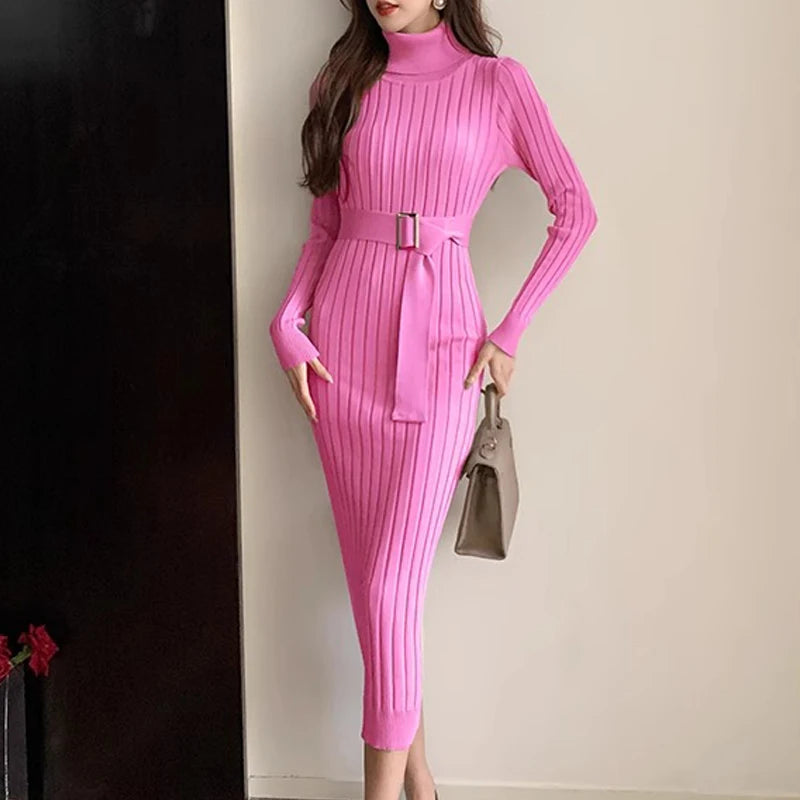 Turtleneck Belted Ribbed Sweater Dress