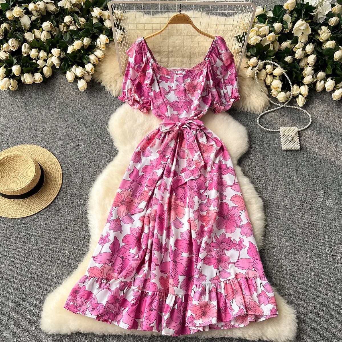 Floral Puff Sleeve Tie-Waist Maxi Beach Dress