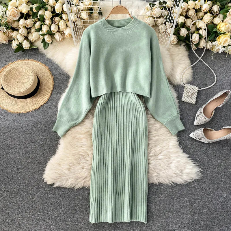 Turtleneck Knit Pencil Dress Two-Piece Set