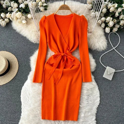 Lace-Up V-Neck Knit Bodycon Dress