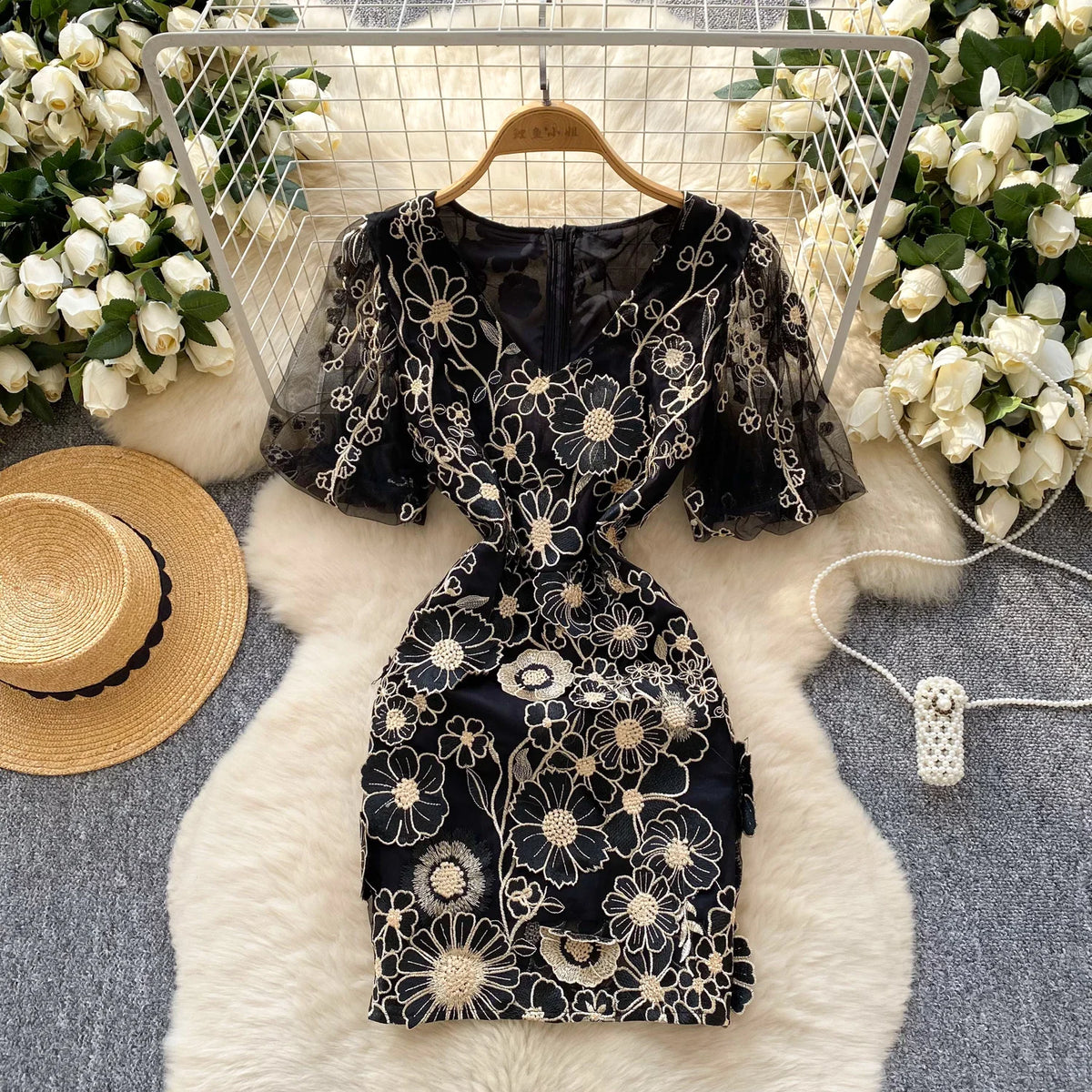 Embroidered Mesh Puff Sleeve A-Line Dress