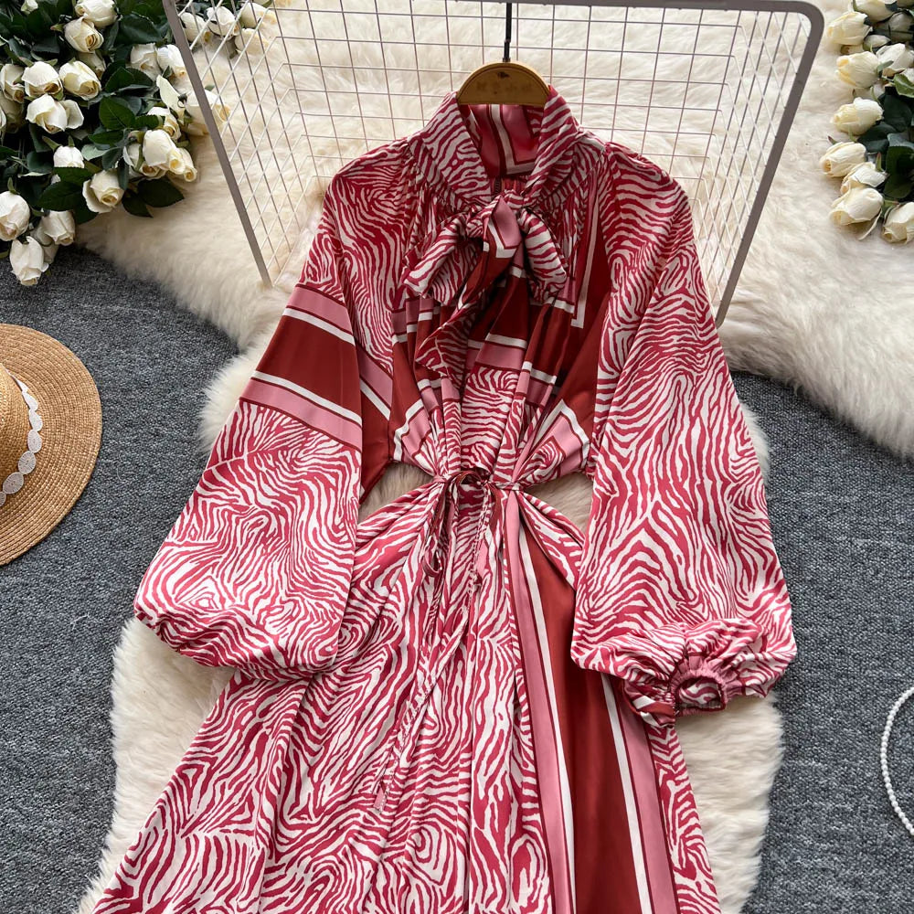 Print Lace-Up Puff Sleeve Maxi Dress