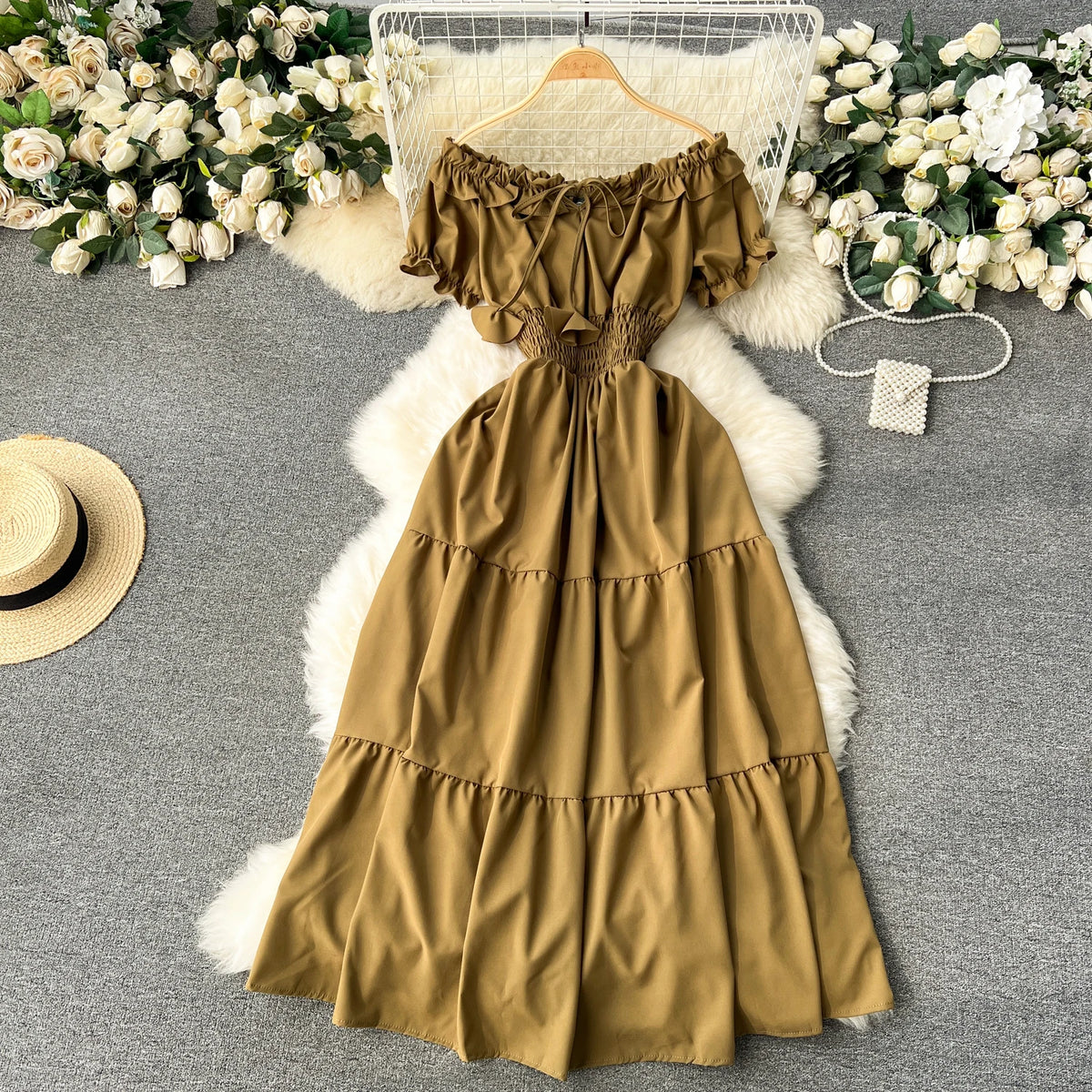 Chiffon Boat Neck Short Sleeve Dress