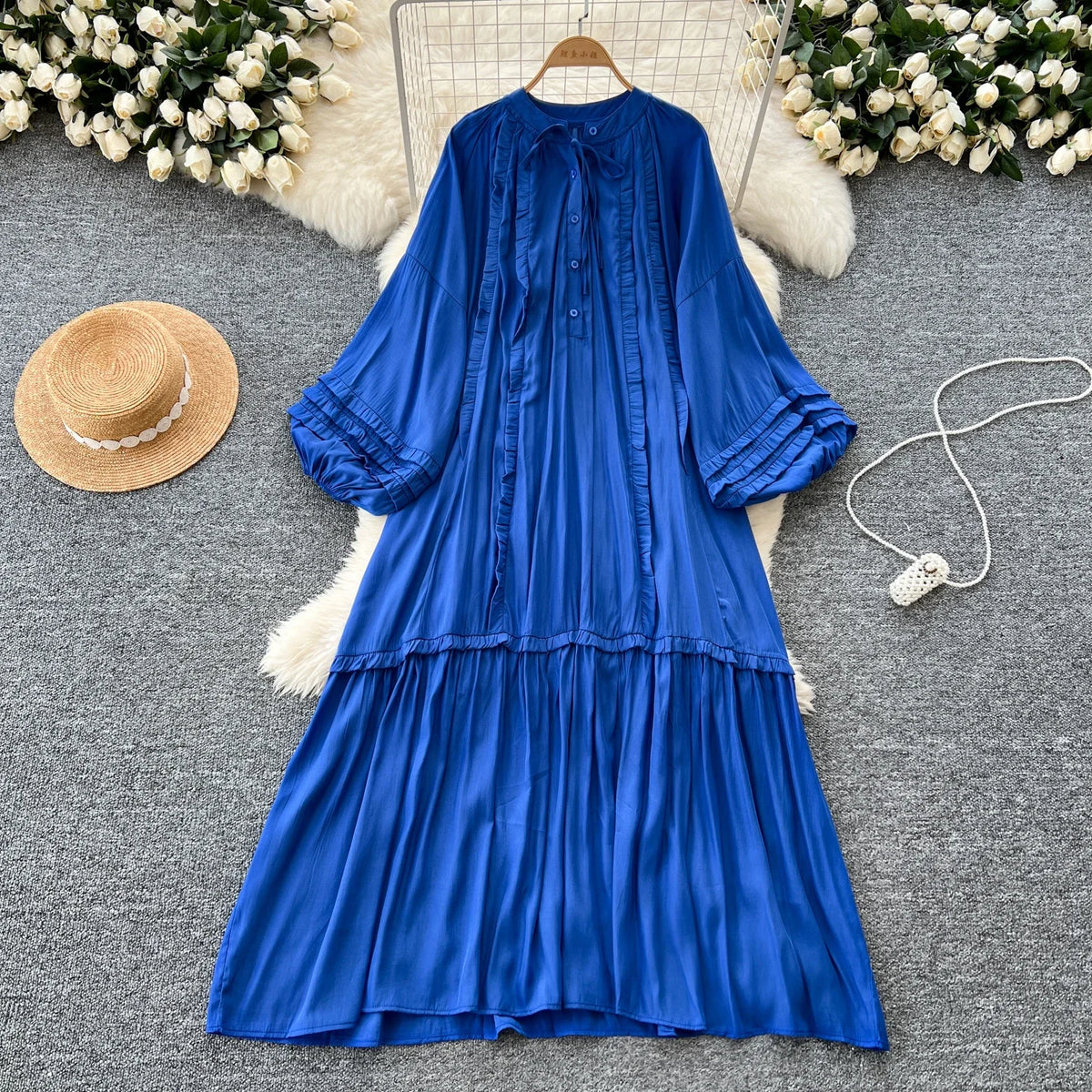 Lace-Up Lantern Sleeve Ruffle Dress
