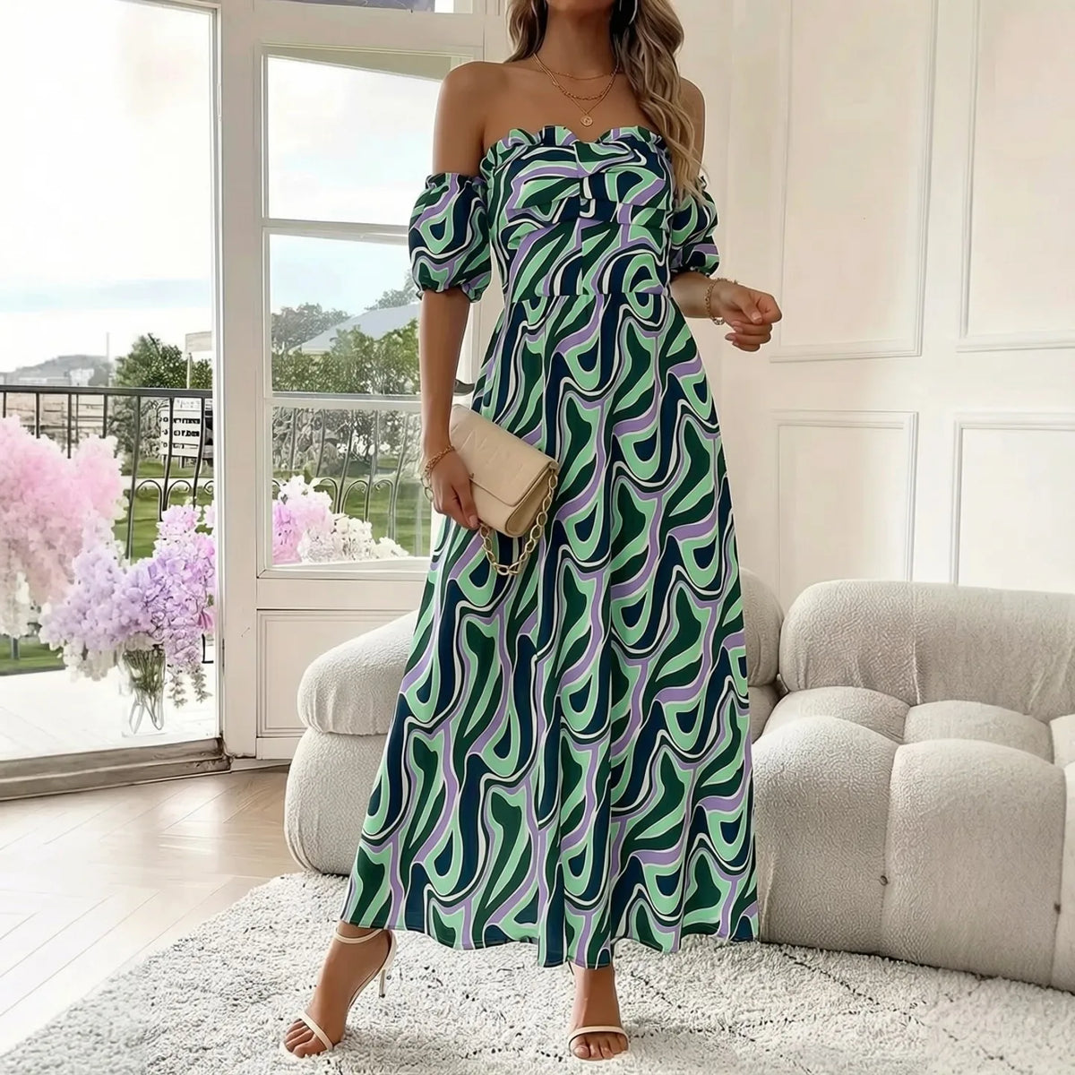 Off-Shoulder Print Maxi Summer Dress