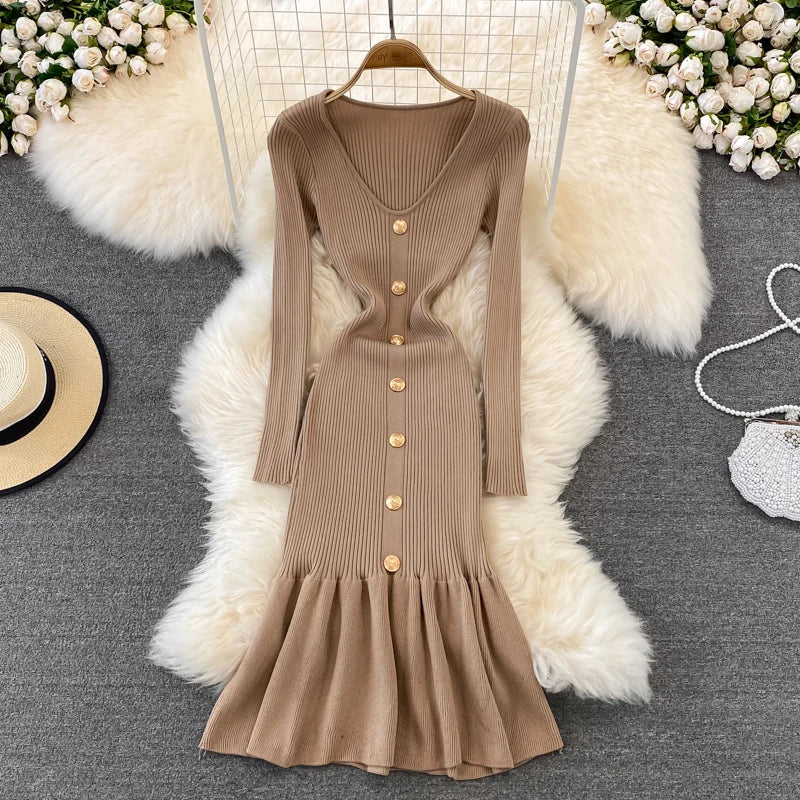 V-Neck Long Sleeve Knit Mermaid Dress